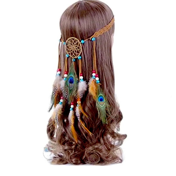 (Last 1) Boho hair accessories headband beads peacock feather suede - Picture 2 of 4